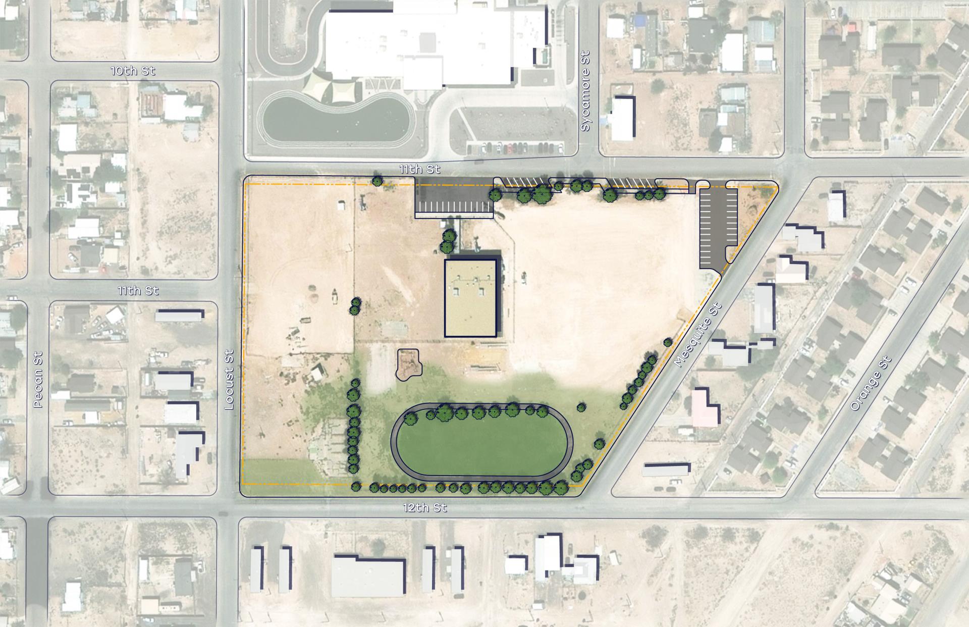 A rendering of a map at Bessie Haynes outlining the track, trees, and gym building.